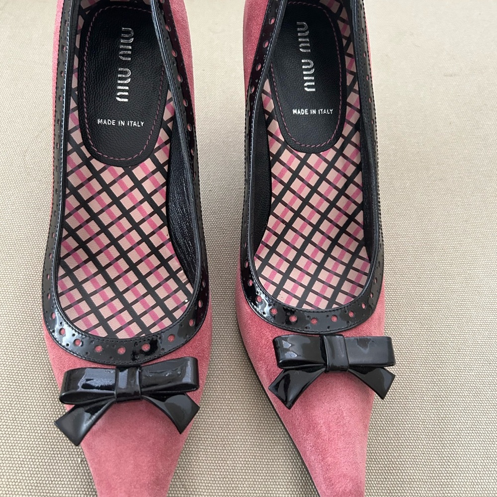 Miu Miu Pink Suede Heels with Black Bow